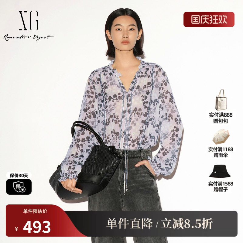 XG/雪歌 XL321019B193碎花花边领系带长袖衬衫宽松花版简约风女装