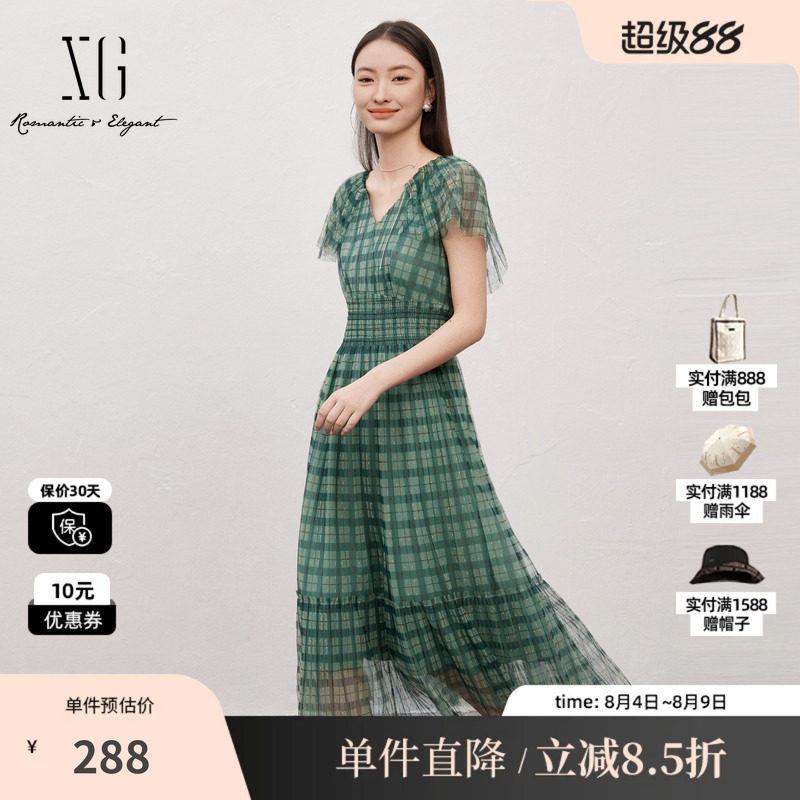 XG/雪歌XJ204059B695格纹网纱连衣裙时尚夏季新款高腰短袖长裙女