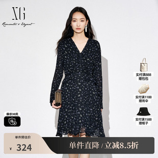 XG/雪歌XK304017B493碎花高腰长袖连衣裙2025秋季新款收腰A字裙女