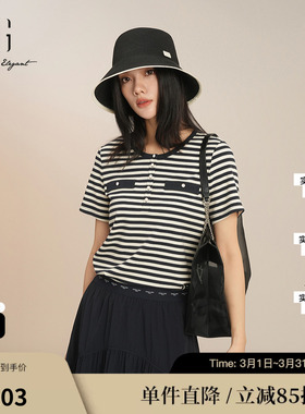 XG/雪歌XK201003B499黑白条纹短袖T恤圆领直筒显瘦休闲纽扣上衣女