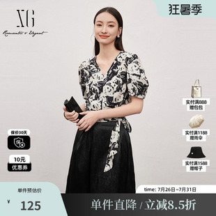 XG雪歌XJ221031B797碎花气质短袖衬衫时尚夏季新款绑带收腰上衣女