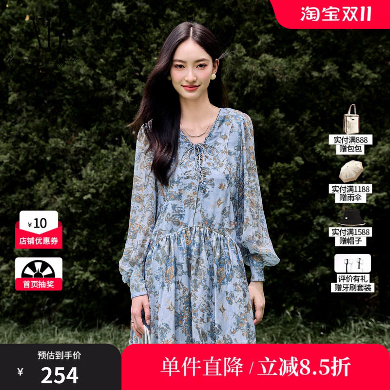 XG/雪歌XJ304008B197碎花长袖连衣裙 时尚秋季新款绑绳醋纤短裙女