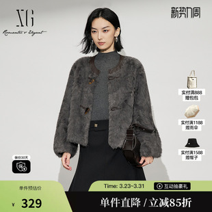 长袖 新款 皮草外套女 雪歌XL407615A883拼接设计短外套2025冬季