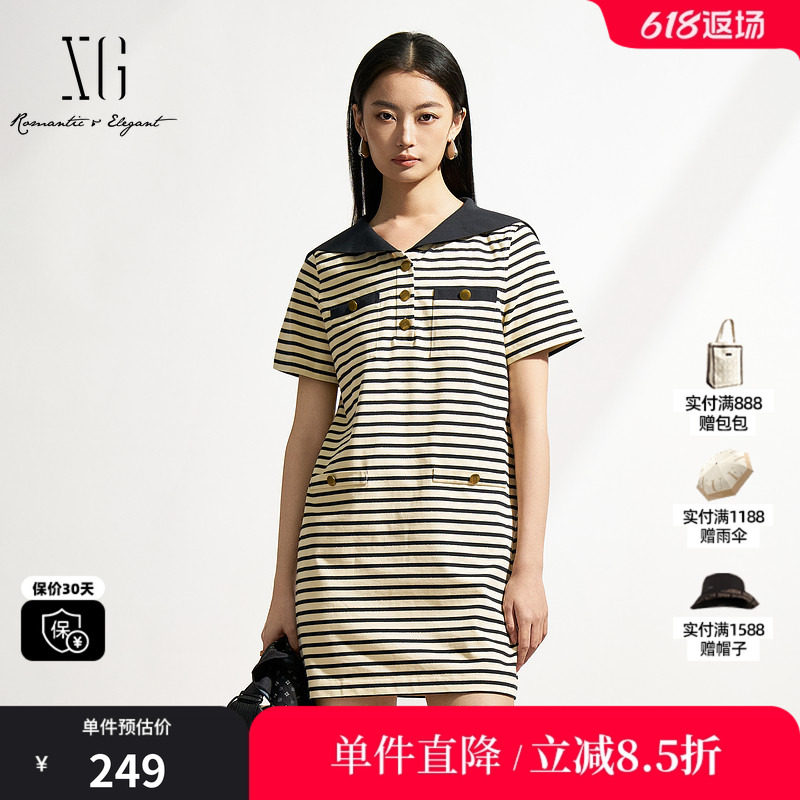 XG/雪歌XK304518A899棉感海军风直筒连衣裙大翻领减龄条纹T恤裙女