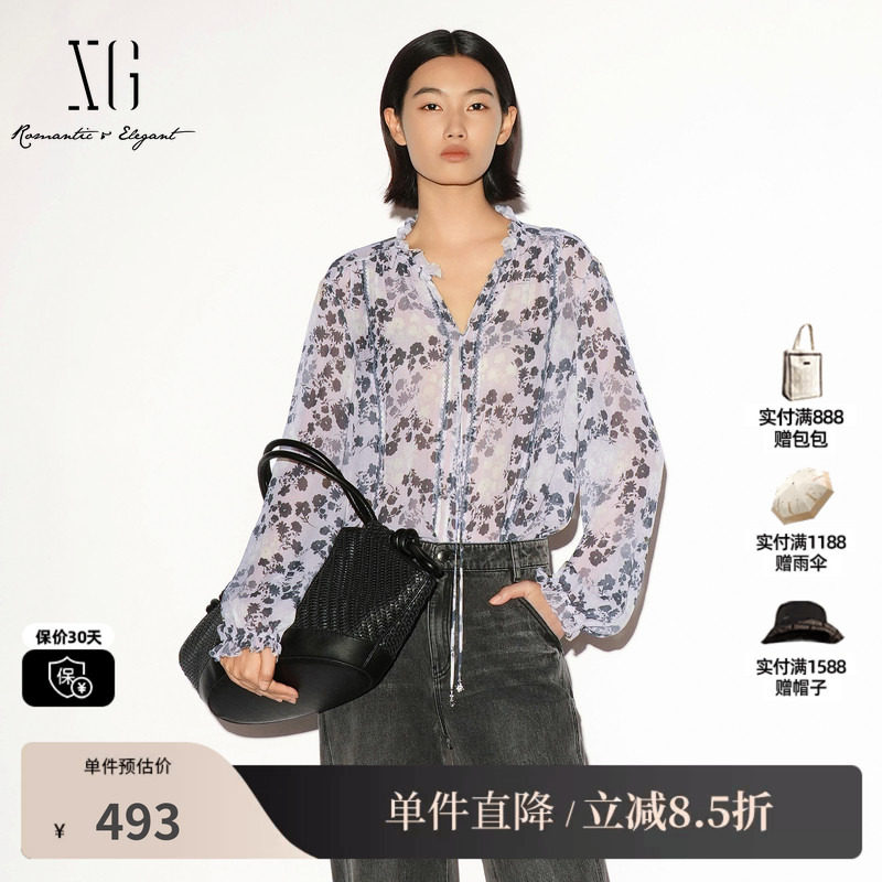 XG/雪歌 XL321019B193碎花花边领系带长袖衬衫宽松花版简约风女装