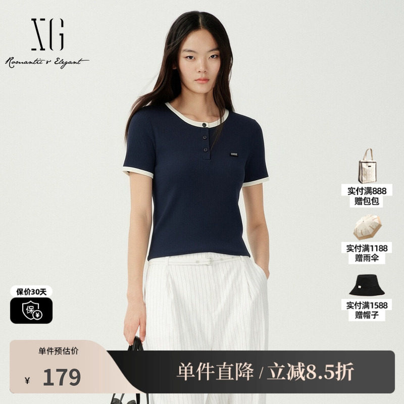 XG/雪歌XM201522A828藏青色撞色短袖T恤圆领纽扣修身打底上衣女装