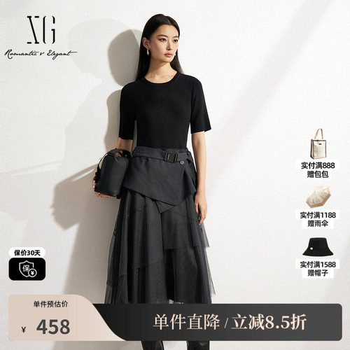 XG/雪歌XK104012B683假两件短袖连衣裙2025春季新款网纱中长裙女