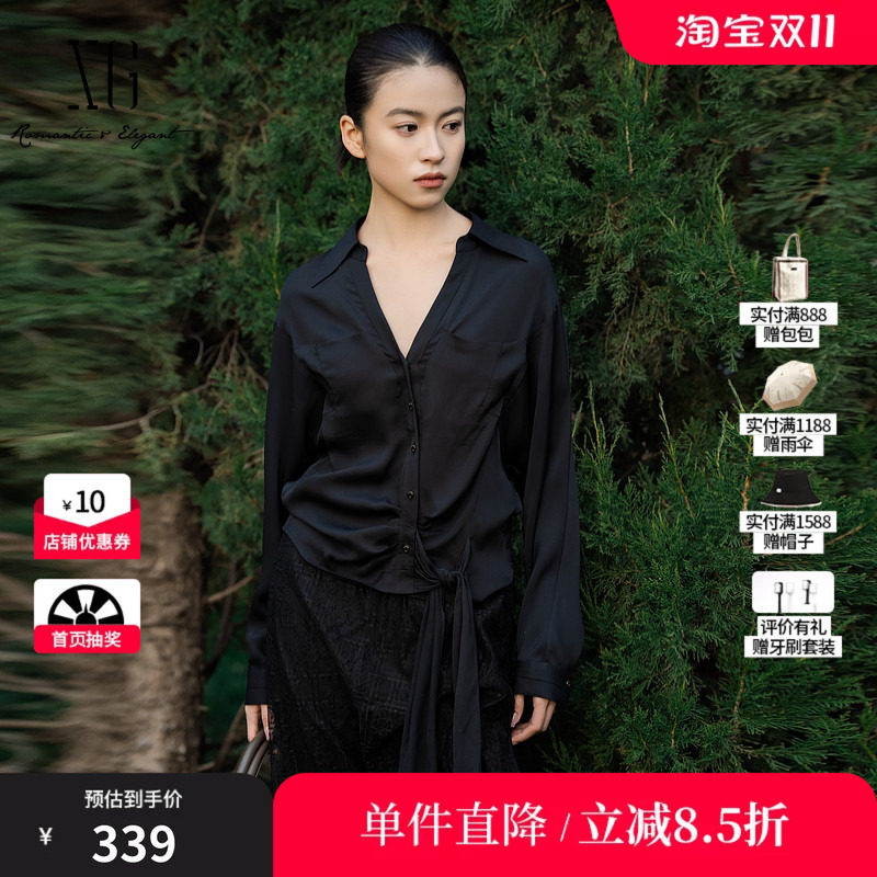 XG/雪歌XL121020A490醋纤翻领绑带衬衫黑色V领长袖收腰短上衣女装