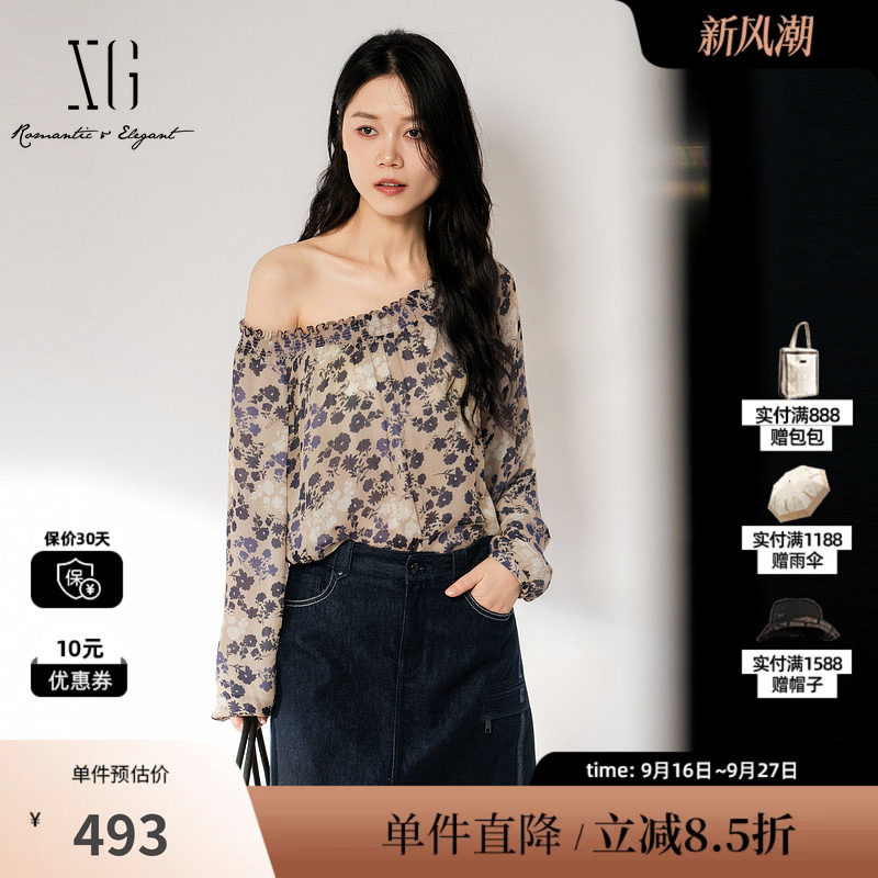 XG/雪歌 XL321001B493碎花圆领长袖宽松衬衫一字肩褶皱休闲简约女