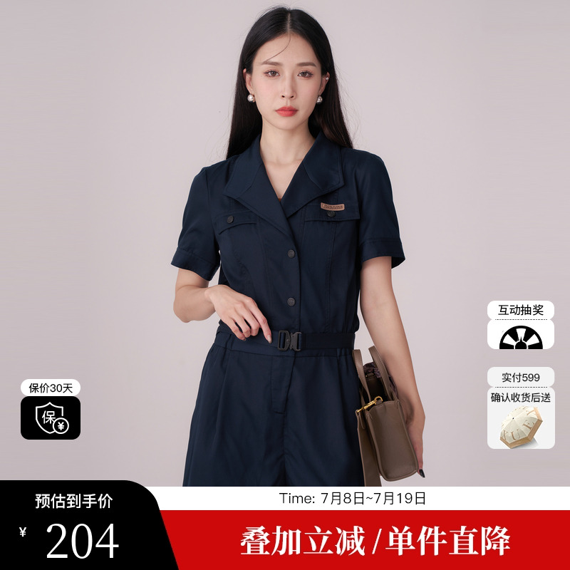 XG/雪歌XI202035A728藏青色连体裤时尚夏季新款修身短袖连衣裤女