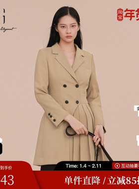 XG雪歌XK107010A173百褶拼接西装2025春季新款卡其色中长款外套女