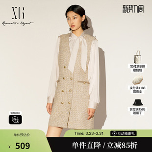 收腰中长裙女 新款 雪歌XL104007B130浅黄色通勤连衣裙2026春季