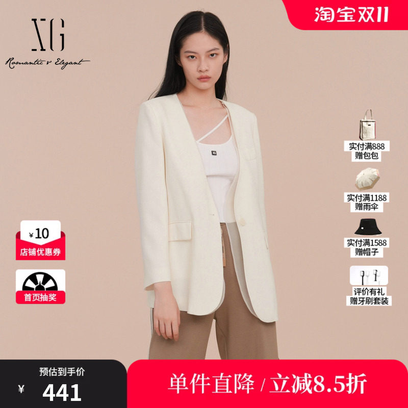 XG/雪歌XK107025A591纯醋纤V领西装网纱拼接白色职场长袖外套女装