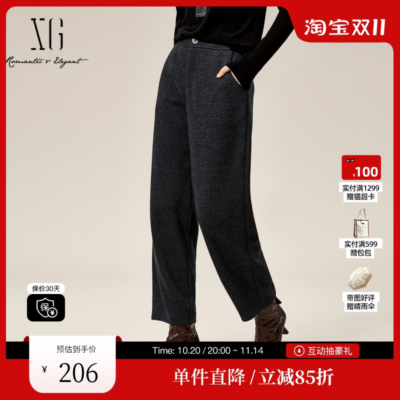 XG雪歌XK402511A890淑女风休闲裤时尚冬季新款黑色厚款阔腿长裤女