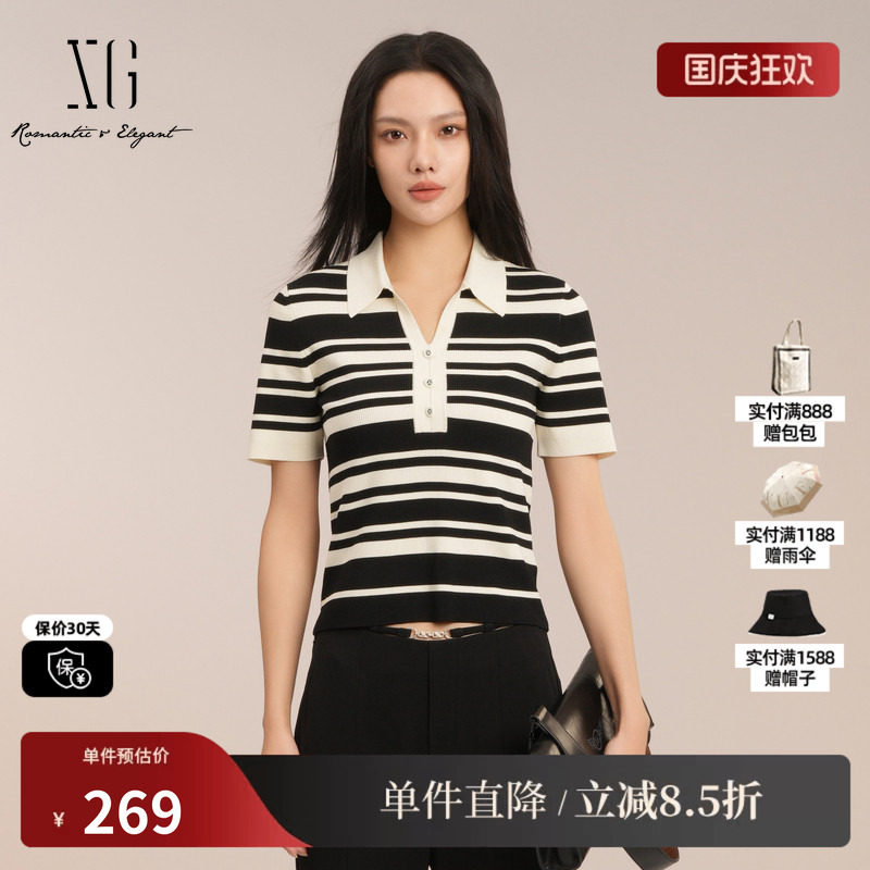XG/雪歌XK211017B199 黑白条纹短袖毛针织衫polo领修身套头上衣女