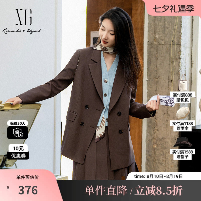 XG雪歌XK307018A572咖啡色休闲西装2025秋季新款中长款长袖外套女