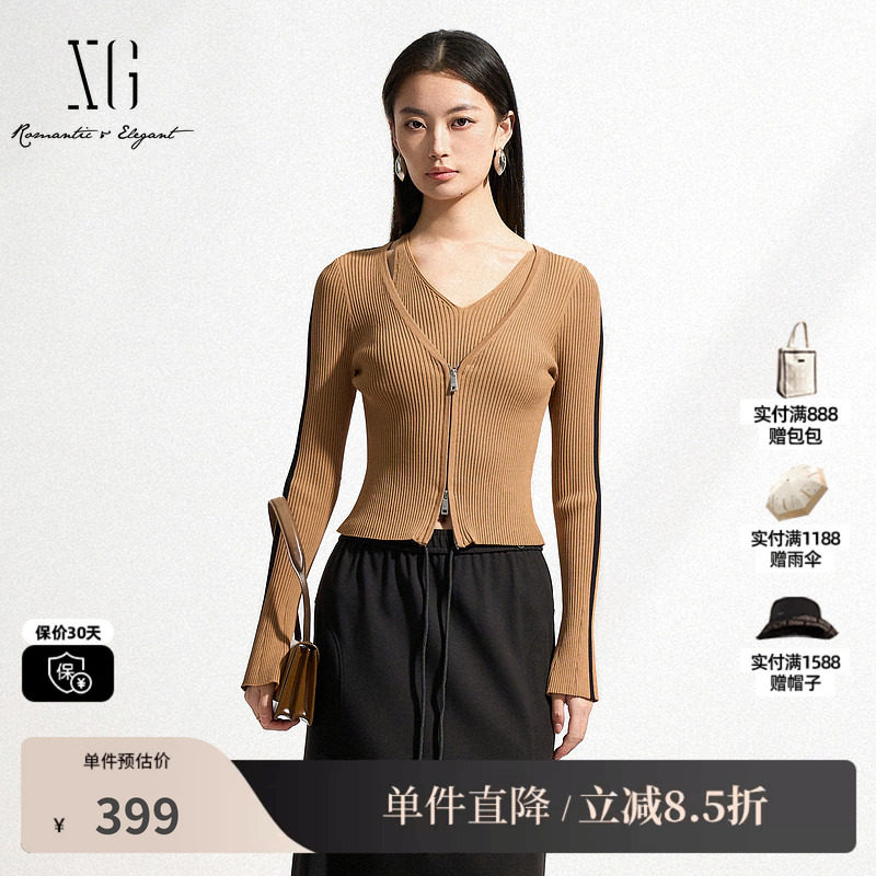 XG/雪歌XK111505A873 黑咖色假两件针织衫修身显瘦套头长袖毛衣女