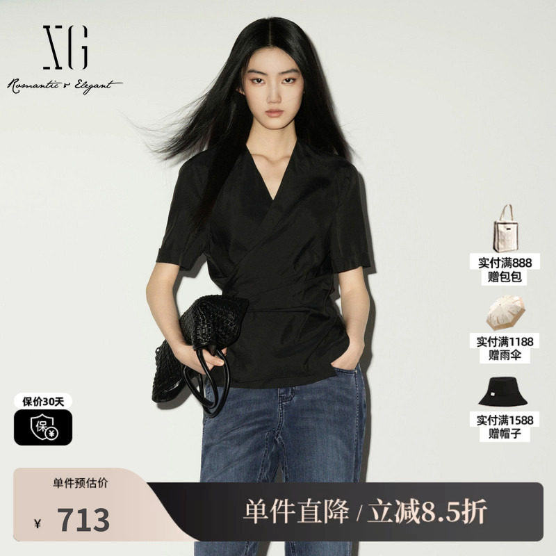 XG/雪歌XL221034A590黑色桑蚕丝收腰短袖衬衫薄款V领绑带上衣女装