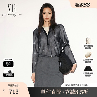 XG/雪歌 XL311018B290黑白星星棉感假两件长袖针织衫直筒套头女装