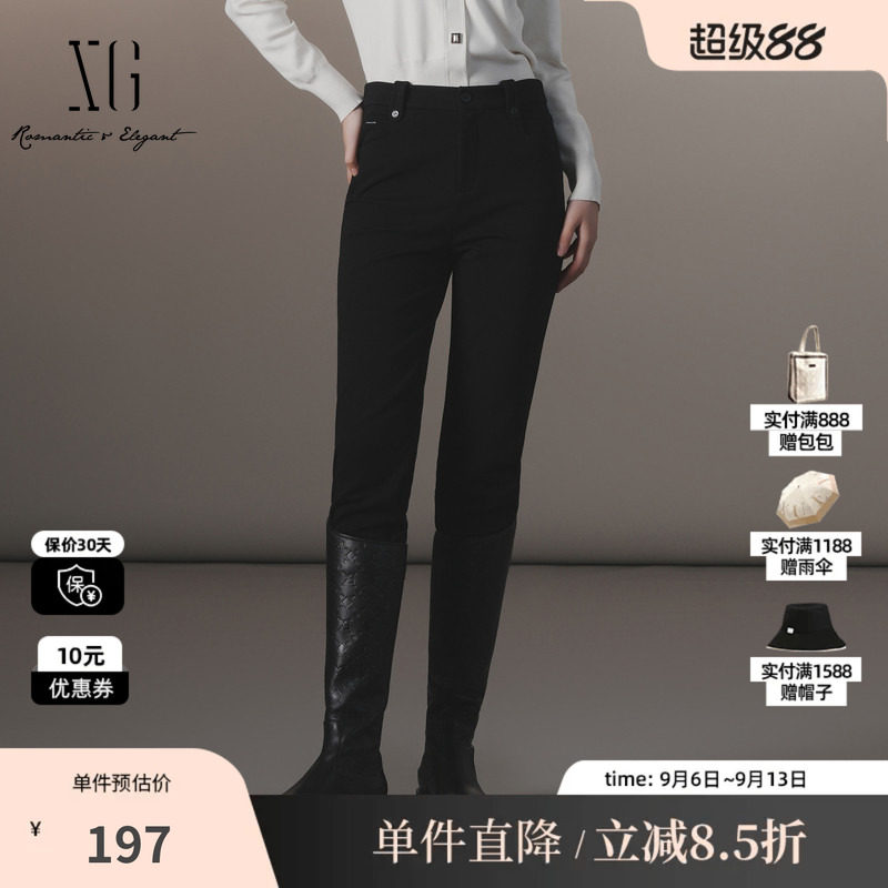XG雪歌XJ402057A490黑色修身休闲裤时尚冬季新款高腰弹力铅笔裤女