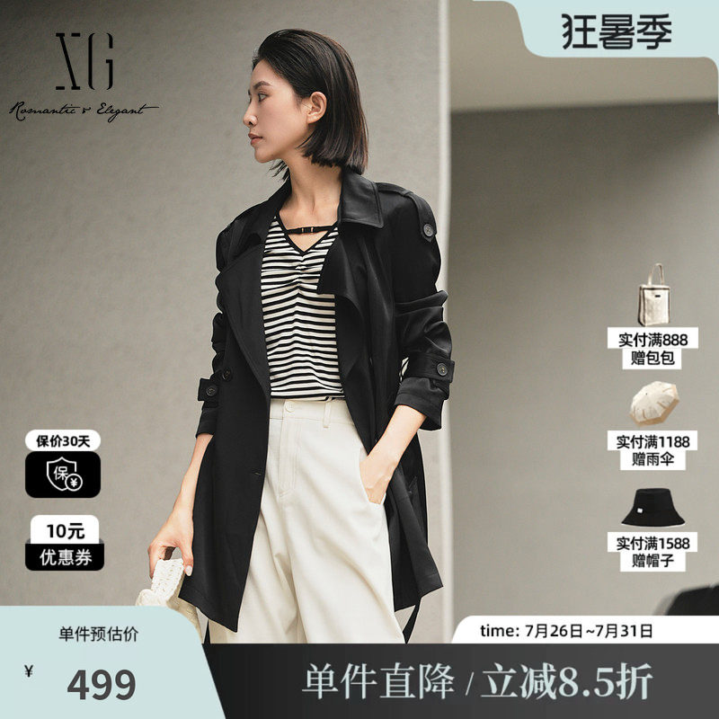 XG/雪歌XK308012A290黑色休闲风衣2025秋季新款中长款长袖外套女