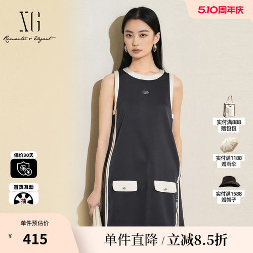 XG/雪歌XK204039A628藏青色无袖连衣裙2025夏季新款印花A字短裙女