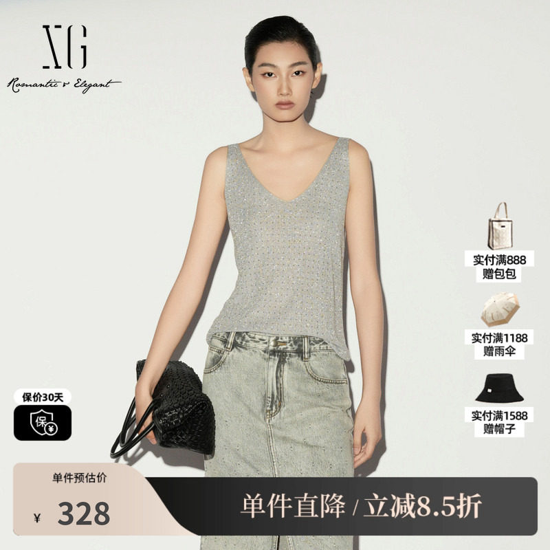 XG/雪歌XL211002A184灰色V领无袖背心薄款亮丝修身搭配吊带内搭女