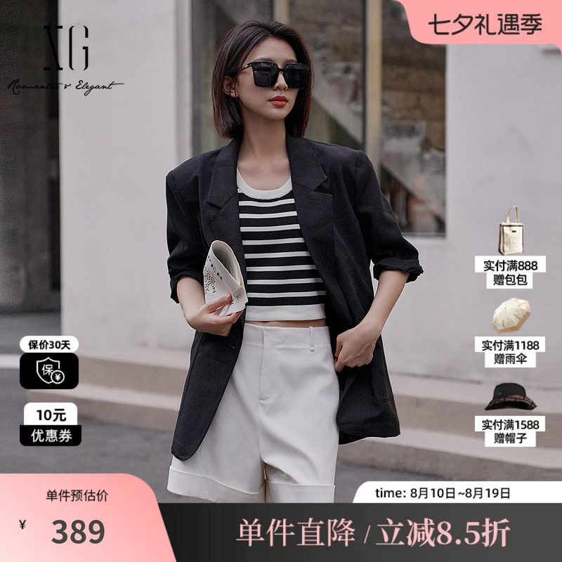 XG/雪歌XK207007A990 黑色翻领西装外套中袖卷边职场直筒短上衣女