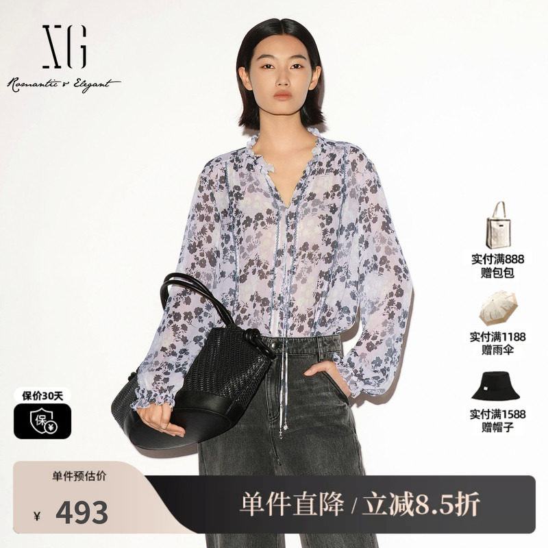 XG/雪歌 XL321019B193碎花花边领系带长袖衬衫宽松花版简约风女装