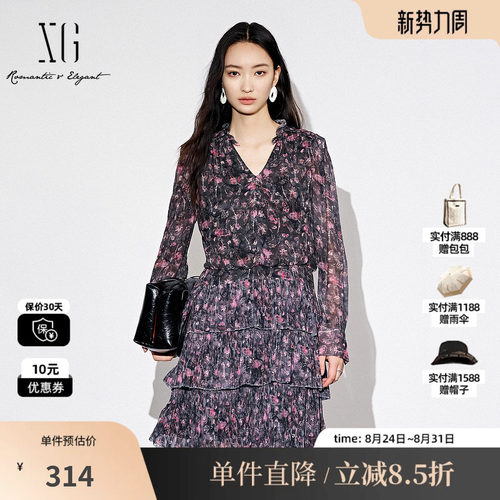 XG/雪歌XJ304003B696碎花长袖V领连衣裙时尚秋季新款短款蛋糕裙女