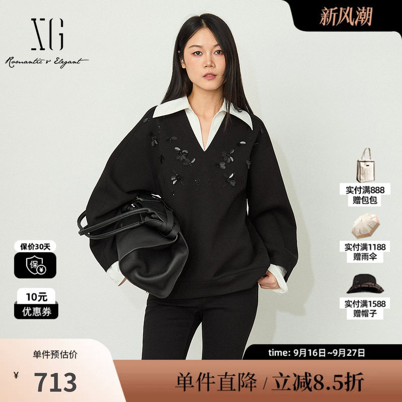 XG/雪歌 XL401007B190黑色棉感钉珠可拆卸假两件长袖休闲卫衣女装