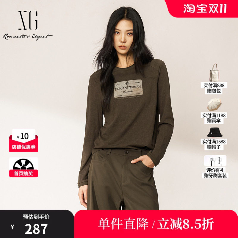 XG/雪歌XM401514A809咖色圆领长袖T恤插肩袖修身显瘦内搭上衣女装