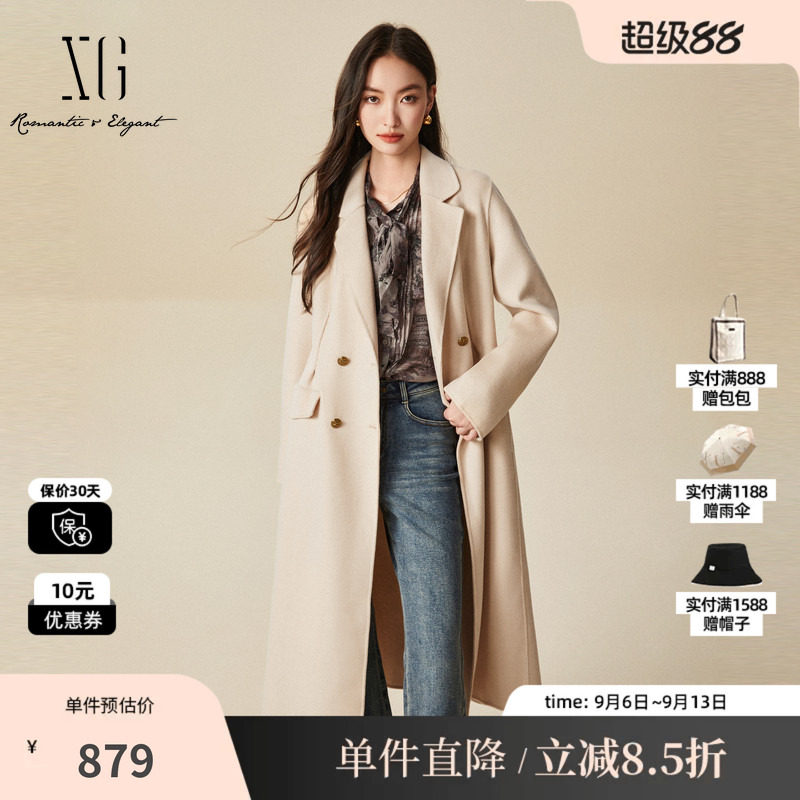 XG/雪歌XJ410044A251米白色毛呢外套时尚冬季新款纯棉羊毛大衣女