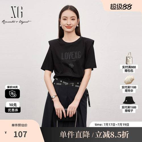 XG/雪歌XJ201034A790黑色印花T恤时尚夏季新款莫代尔短袖上衣女装