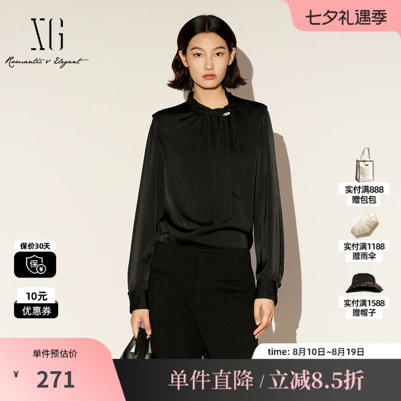 XG/雪歌XL121007A190黑色立领长袖衬衫2026春季新款飘带上衣女装