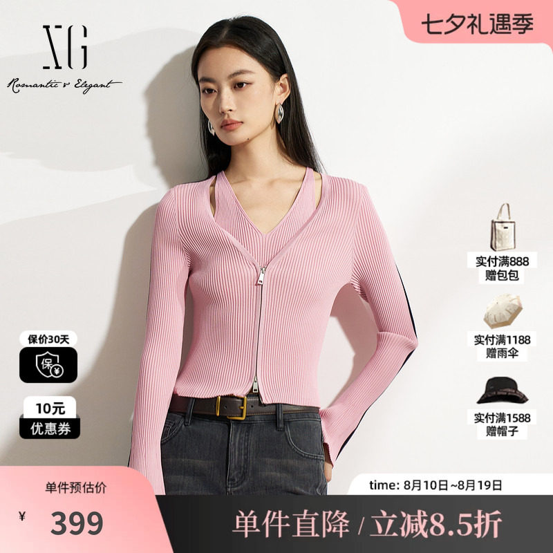 XG/雪歌XK111503A816 黑粉色假两件针织衫修身显瘦套头长袖毛衣女
