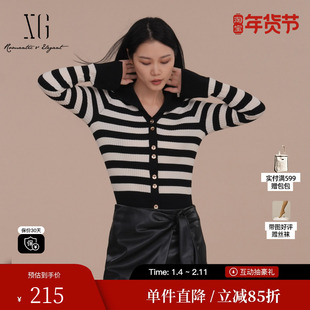 XG/雪歌XJ411111A999黑白条纹毛针织衫2024冬季新款绵羊毛毛衫女