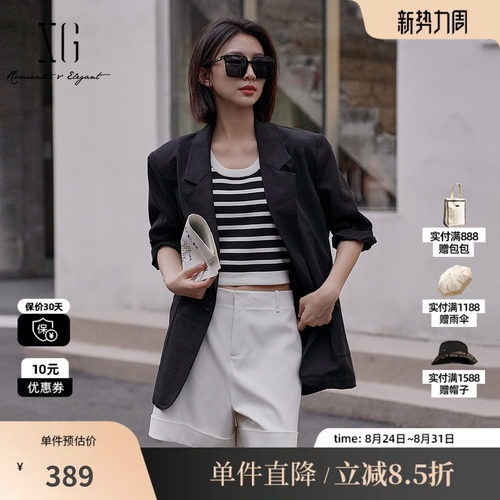 XG/雪歌XK207007A990 黑色翻领西装外套中袖卷边职场直筒短上衣女