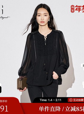 XG雪歌XJ321031A590网纱拼接长袖衬衫时尚秋季新款黑色镂空上衣女