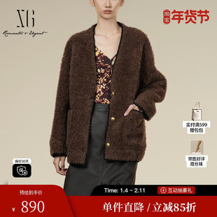 XG雪歌XK407014A574厚款绵羊毛外套2025冬季新款中长羊羔绒大衣女