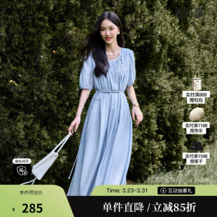 泡泡袖 XG雪歌XK204817A820浅蓝色短袖 新款 夏季 中长裙女 连衣裙时尚