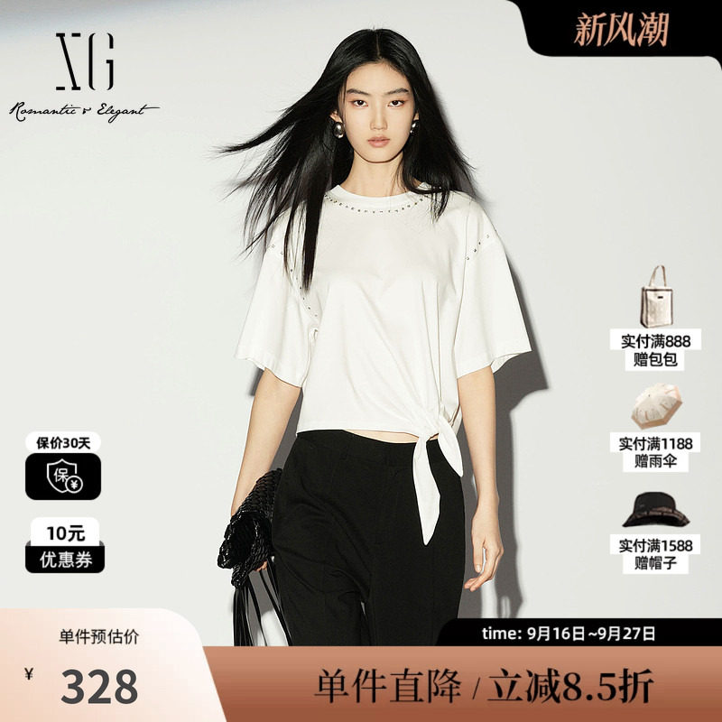 XG/雪歌XL201018A251白色棉感短袖T恤薄款圆领绑带钉珠短上衣女装