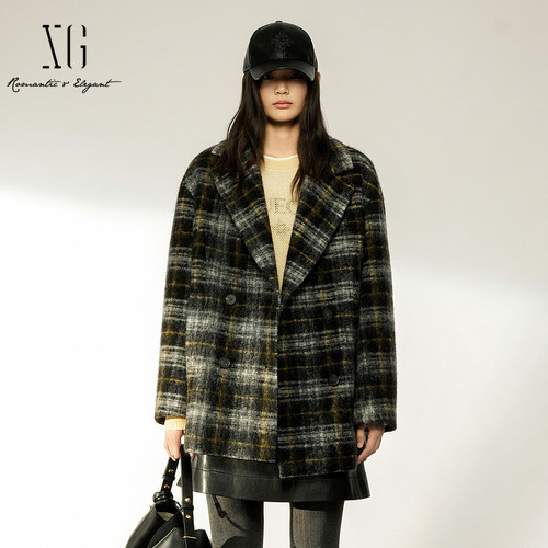 XG/雪歌 XL410020B605格纹羊毛混纺翻领一手长直筒毛呢外套大衣女