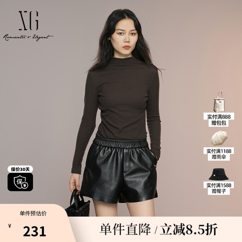 XG/雪歌XK301004A672深咖色长袖T恤2025秋季新款修身半高领棉感女