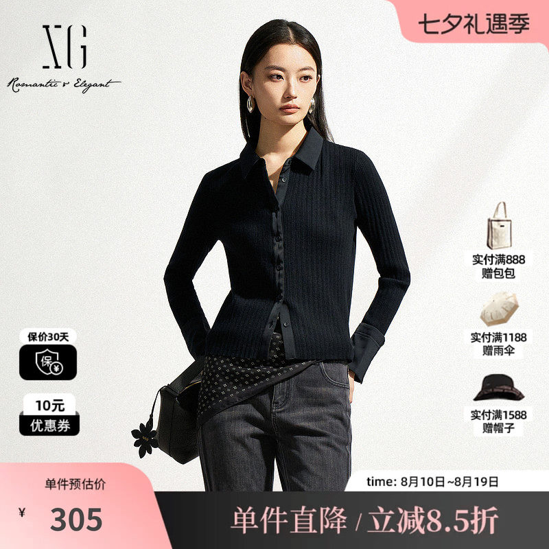XG/雪歌XL111006A190 修身黑色毛针织衫通勤纽扣毛衣开衫外套女装