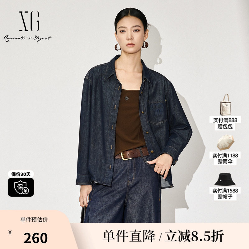 XG雪歌XL312600A819蓝色牛仔长袖衬衫2025秋季新款纯棉翻领上衣女