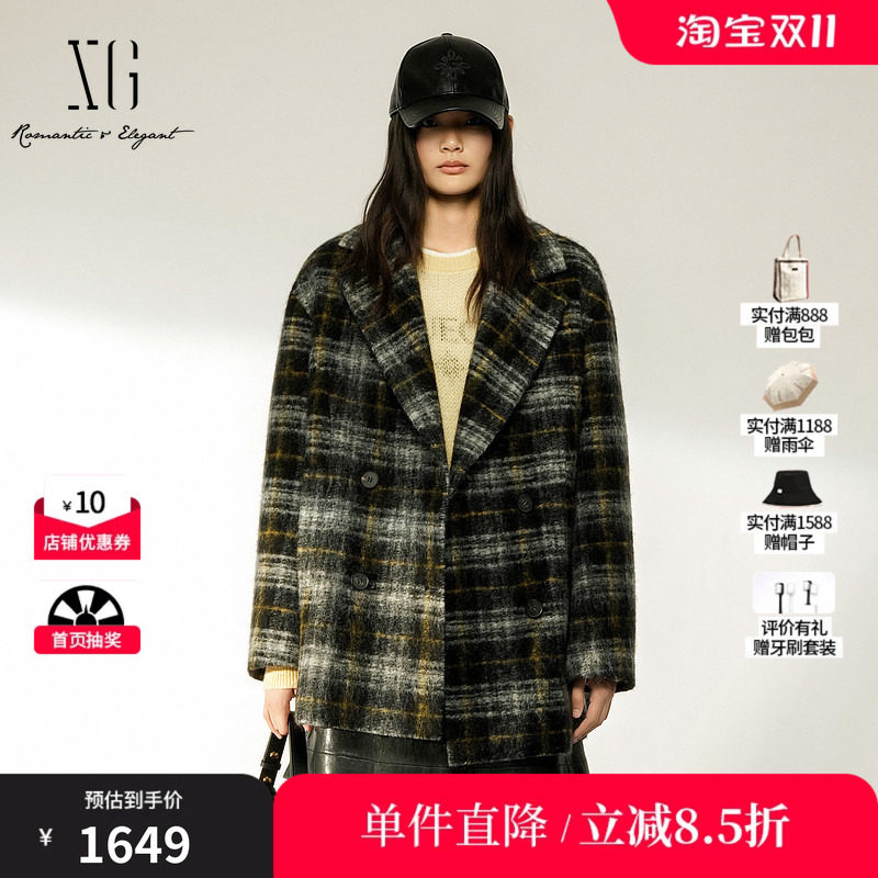 XG/雪歌 XL410020B605格纹羊毛混纺翻领一手长直筒毛呢外套大衣女
