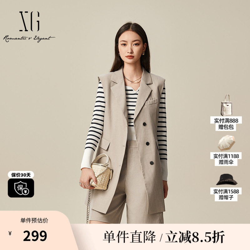 XG雪歌XL104019A473卡其色收腰连衣裙2025秋季新款通勤西装短裙女
