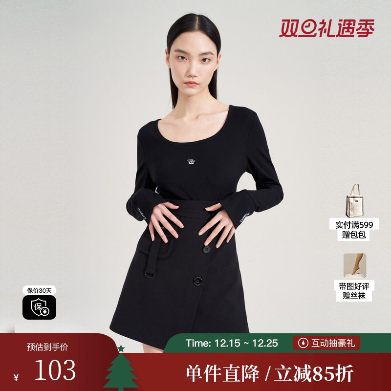 XG/雪歌XI301013A390印花长袖T恤时尚秋季新款修身短款黑色上衣女