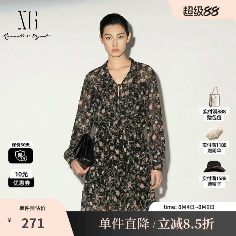 XG/雪歌XJ204560B806花版翻领长袖连衣裙碎花薄款休闲A字中裙女装
